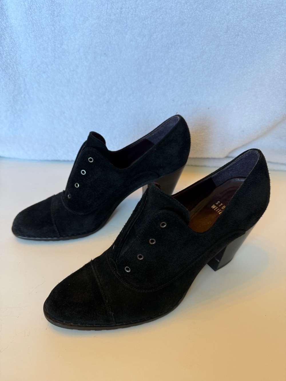 Stuart Weitzman Black Suede Low Block Heel Oxford Pumps